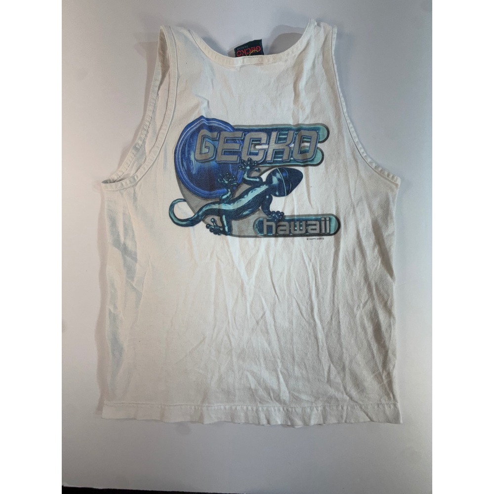 Vintage Gecko Hawaii Tank Top Kids White Blue Graphic Surf Shirt 90s Sleeveless